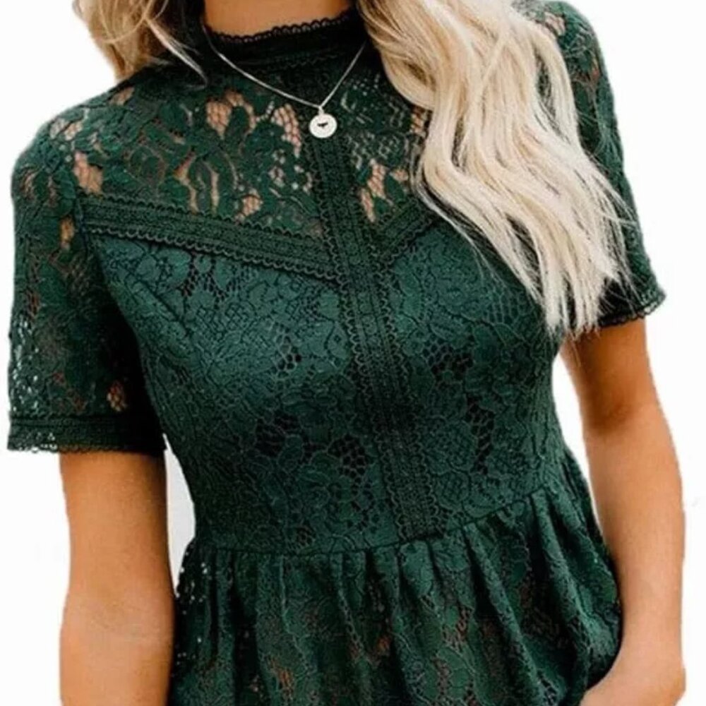 Tobrief Women's Short Sleeve Sexy Sheer Mesh Lace Blouse Peplum Top - Green